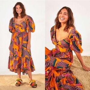 FARM Rio Orange Multicolor Puff-Sleeve Midi Dress